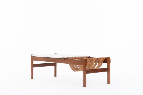 Rectangular coffee table in mahogany marble and leather edition Dujo Cuba 1970