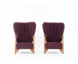 Fauteuils Guillerme et Chambron chêne et tissu édition Votre Maison 1950 set de 2