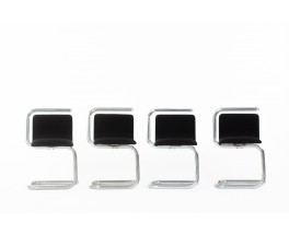 Chaises en chrome et lin noir 1970 set de 4