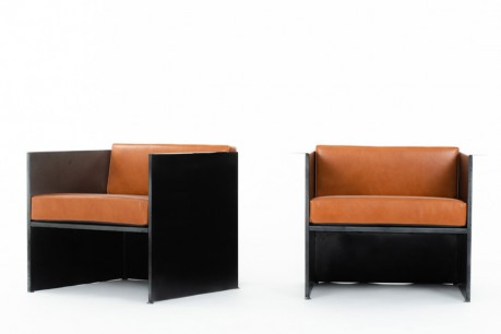 Gerard Clisson armchairs metal and leather cushions 1980 set of 2