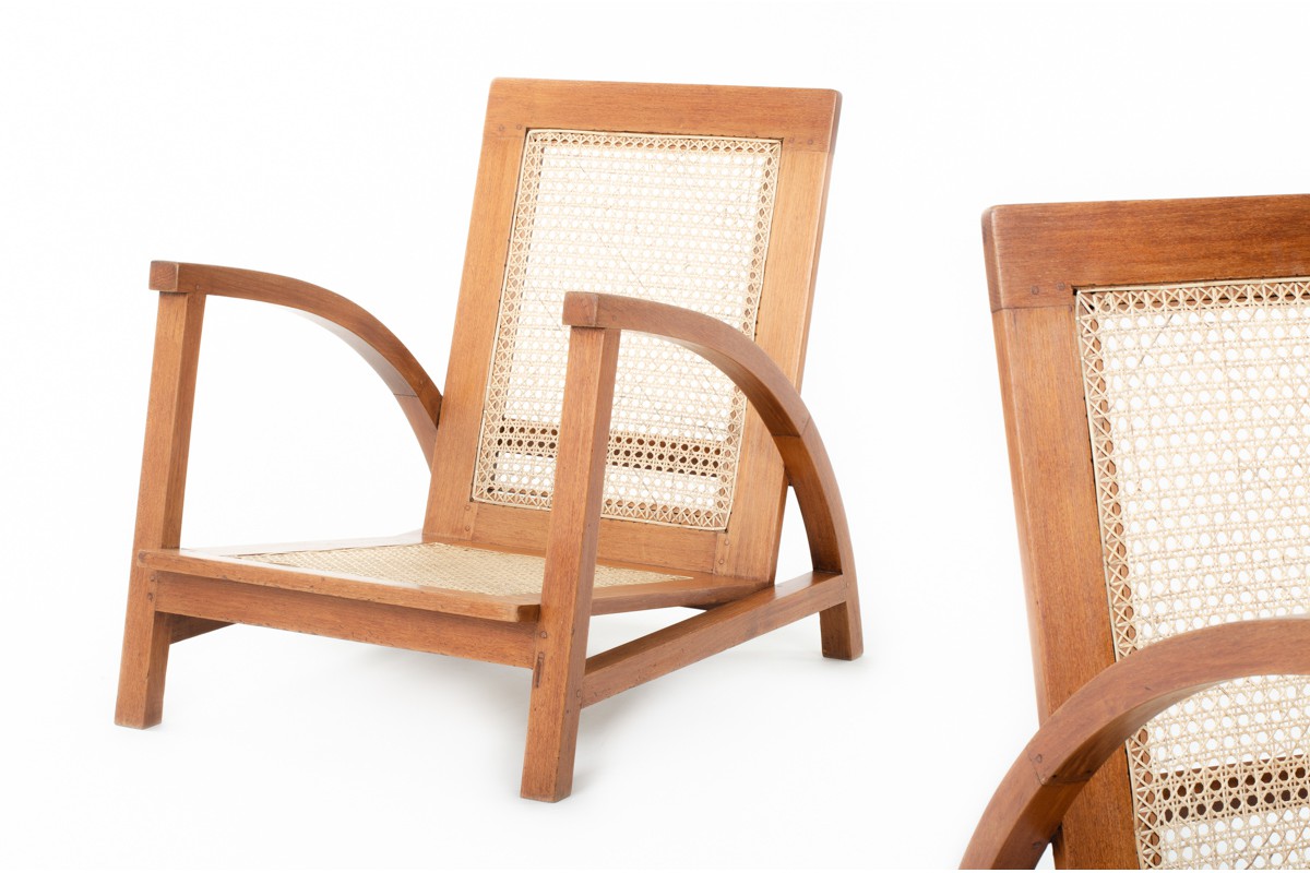 Armchairs in teak and caned 1950 set of 2