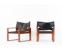 Svend Frandsen armchairs Safari model in teak and black leather Danish design 1966 set of 2