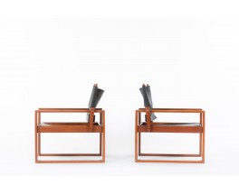 Svend Frandsen armchairs Safari model in teak and black leather Danish design 1966 set of 2