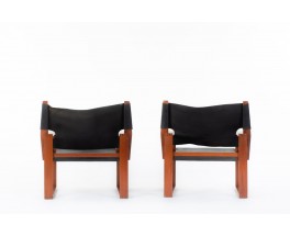 Svend Frandsen armchairs Safari model in teak and black leather Danish design 1966 set of 2