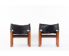 Svend Frandsen armchairs Safari model in teak and black leather Danish design 1966 set of 2