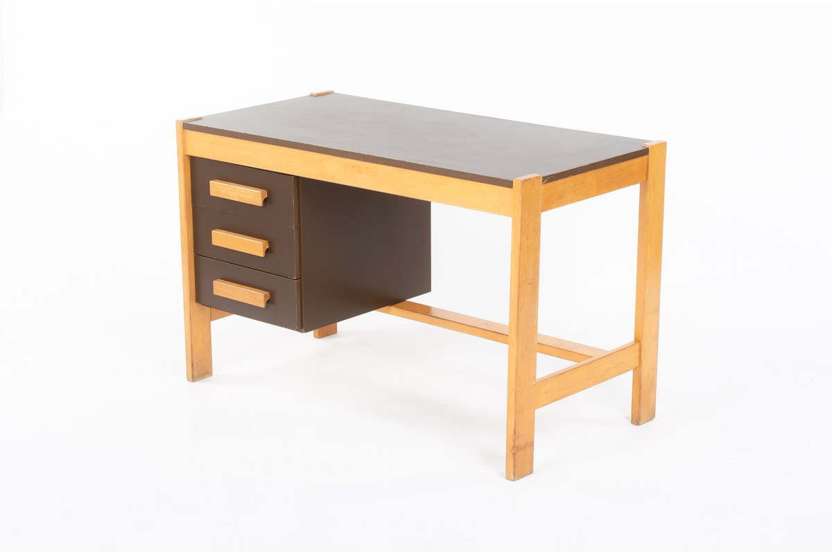Andre Sornay desk in beech and brown laminate 1950