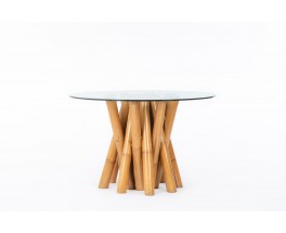 Table de repas ronde en bambou et verre 1970