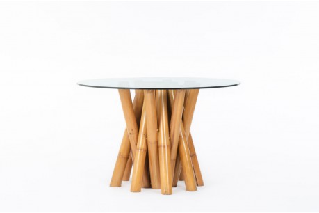 Round dining table in bamboo and glass 1970