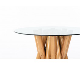 Table de repas ronde en bambou et verre 1970