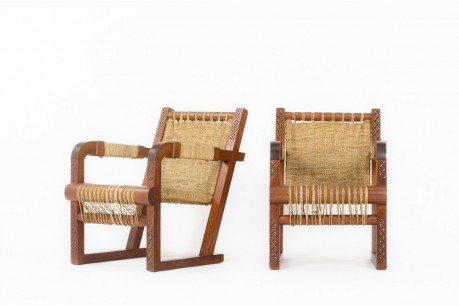 Francis Jourdain armchairs rope and pine 1930 set of 2