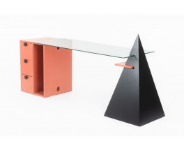 Desk in laminate lacquer and glass top post modernist 1980