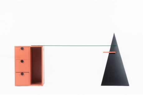 Bureau stratifié laque et plateau verre post moderniste 1980
