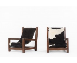 Armchairs in pine and cow skin 1950 set of 2