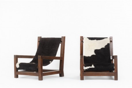 Fauteuils en pin teinté et peau de vache 1950 set de 2