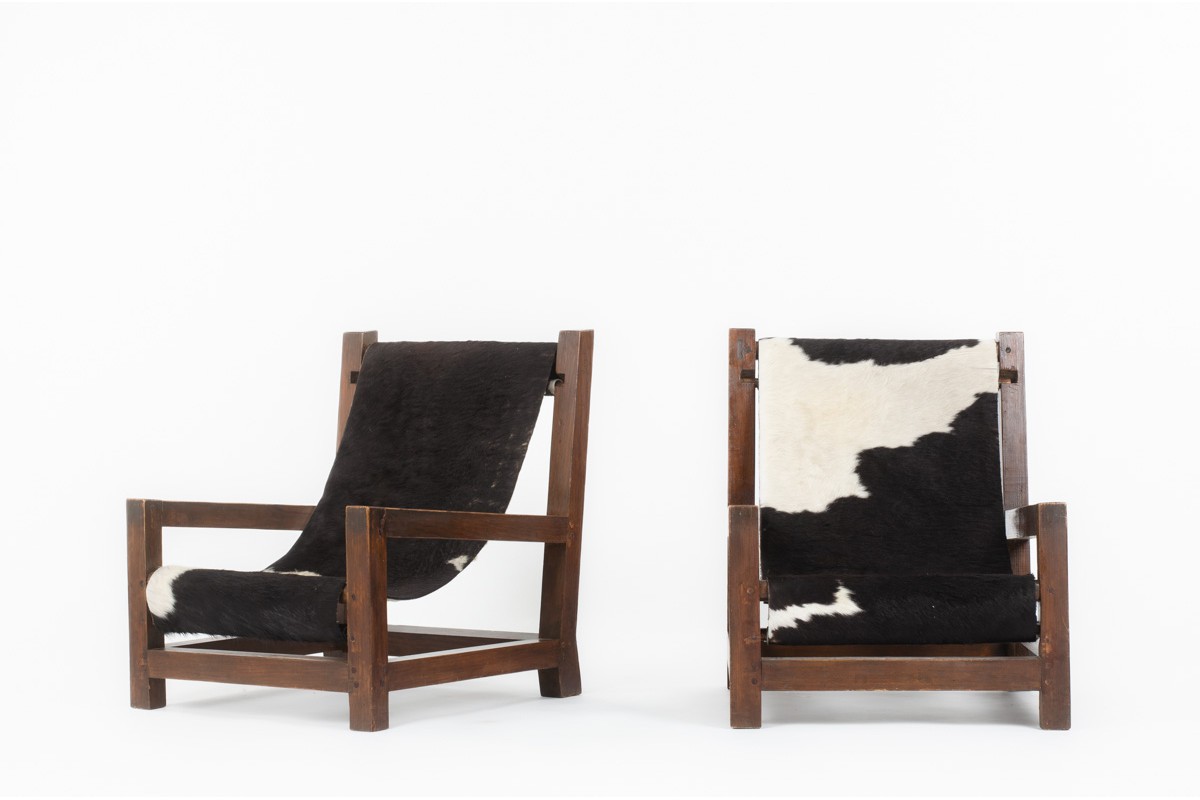 Armchairs in pine and cow skin 1950 set of 2