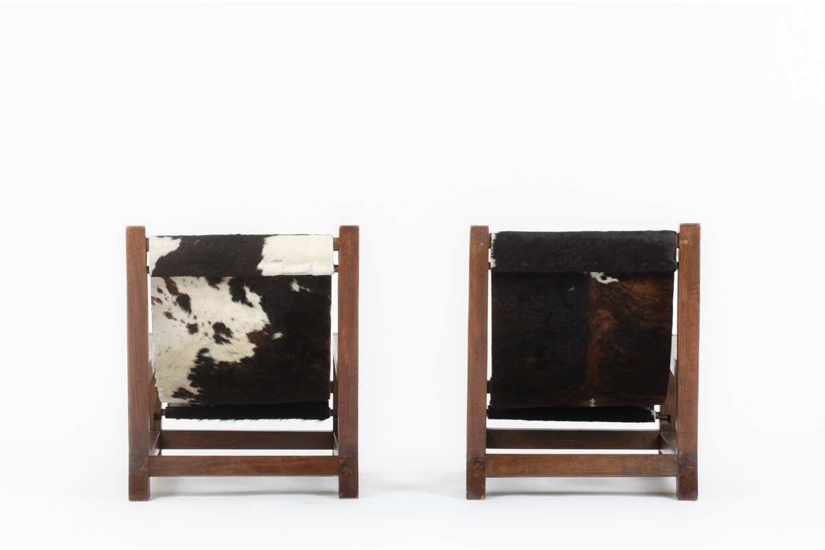 Armchairs in pine and cow skin 1950 set of 2
