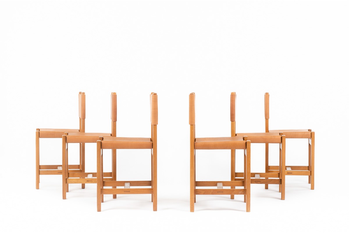 Chairs in elm and leather edition Maison Regain 1980 set of 6