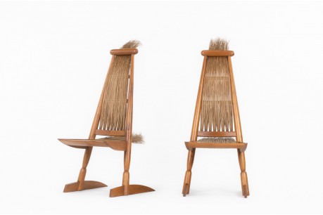 Armchairs large model in mahogany and rattan Ethnic design 1980 set of 2