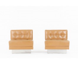 Low chairs in brown leather and strainless steel 1970 set of 2