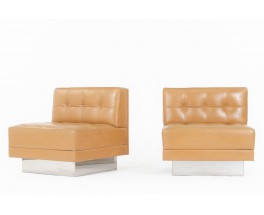 Low chairs in brown leather and strainless steel 1970 set of 2