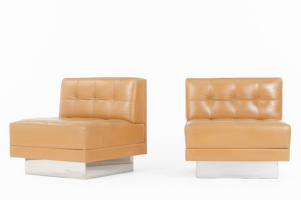 Low chairs in brown leather and strainless steel 1970 set of 2