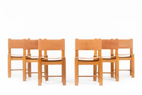 Chaises en orme et cuir édition Maison Regain 1980 set de 6
