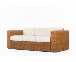 3-seater sofa in woven rush and beige cushion 1950