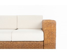 3-seater sofa in woven rush and beige cushion 1950