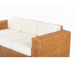 3-seater sofa in woven rush and beige cushion 1950