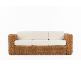 3-seater sofa in woven rush and beige cushion 1950