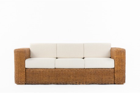 Canapé 3 places en jonc tressé et coussin beige 1950