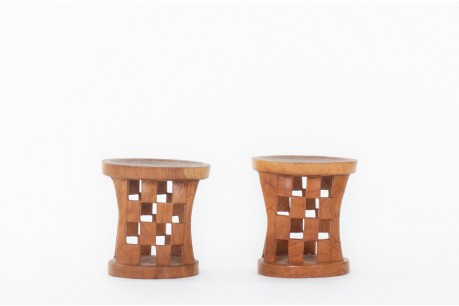 Tabourets monoxyles en bois design africain 1950 set de 2