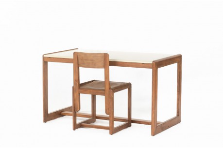 Set bureau et chaise André Sornay en pin et laque beige 1960