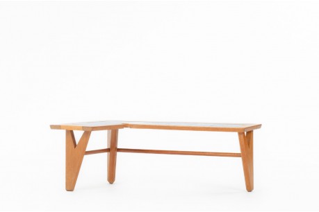 Guillerme and Chambron coffee table in oak and Danikowski ceramic 1950