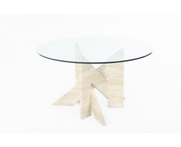 Table de repas ronde pied marbre beige et plateau verre 1980