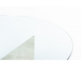 Table de repas ronde pied marbre beige et plateau verre 1980