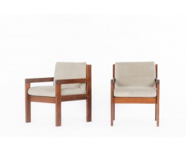 Andre Sornay armchairs in mahogany and beige velvet fabric 1960 set of 2