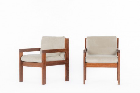Fauteuils André Sornay en acajou et velours beige 1960 set de 2