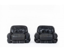 Adriano Piazzesi armchairs model Okay in black leather 1970 set of 2