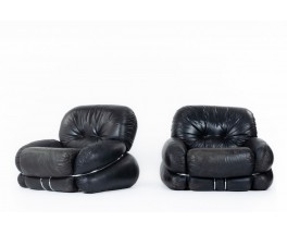 Adriano Piazzesi armchairs model Okay in black leather 1970 set of 2