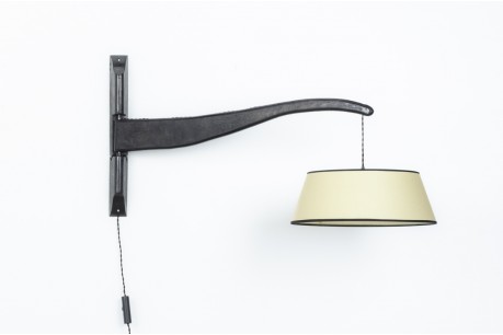 Wall lamp in black tinted oak and beige paper lampshade 1950