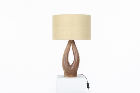 Lampe en céramique marron et abat-jour en lin tissé 1950