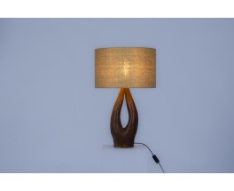 Lampe en céramique marron et abat-jour en lin tissé 1950