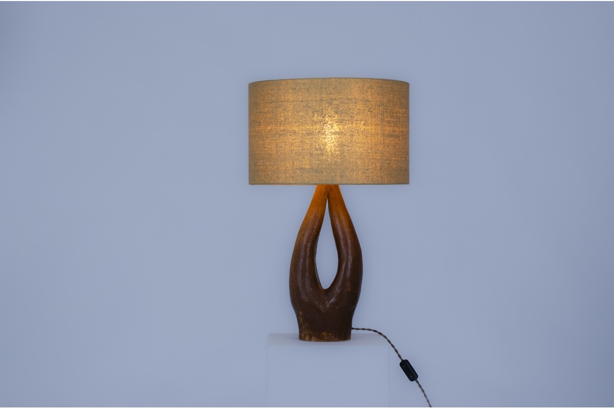 Lamp in brown ceramic and woven linen lampshade 1950