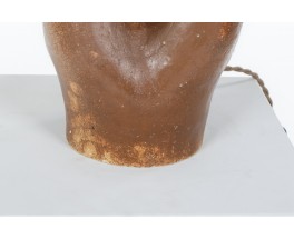 Lampe en céramique marron et abat-jour en lin tissé 1950