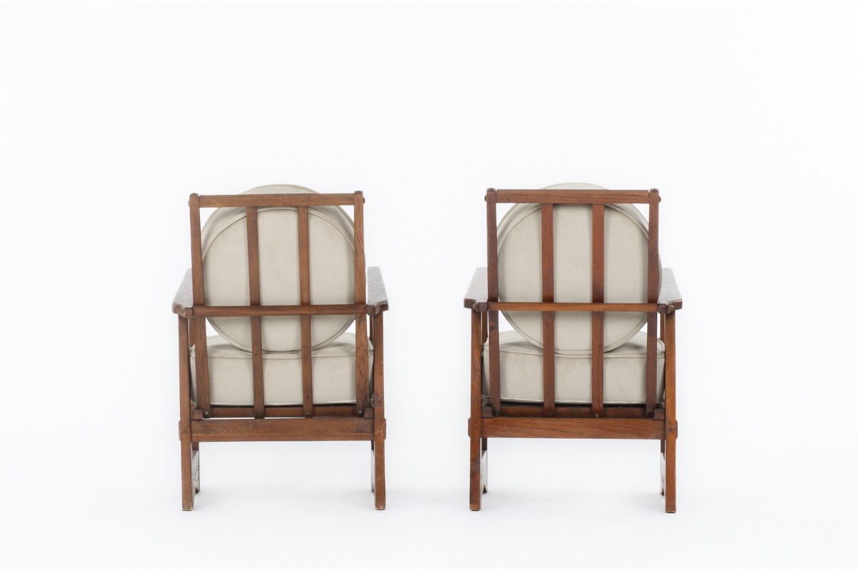 Armchairs in oak and velvet reconstruction design 1960 set of 2