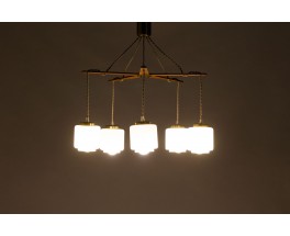 5-light pendant light in teak and opaline 1950