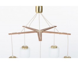 Suspension 5 feux en teck et opaline 1950