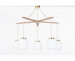 Suspension 5 feux en teck et opaline 1950