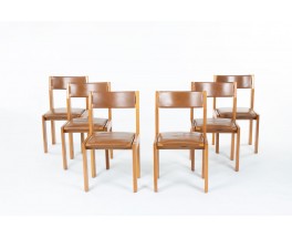 Luigi Gorgoni chairs in elm and leather edition Roche Bobois 1970 set of 6